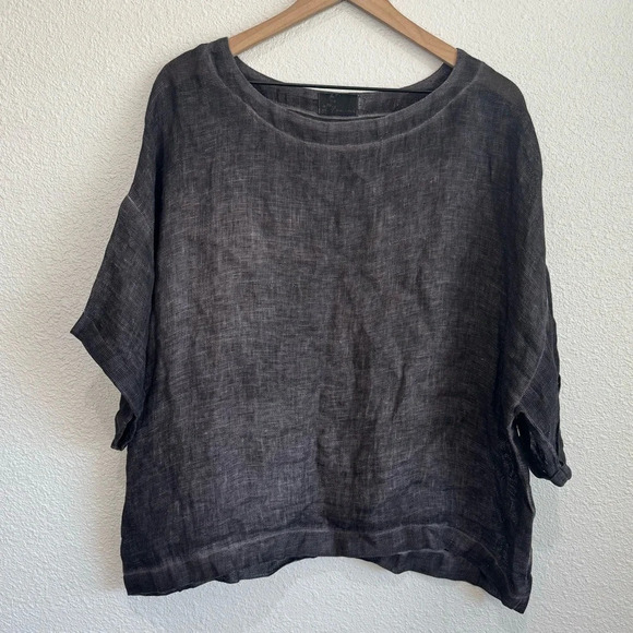 Fenini Women's Medium 100% Linen Blouse Boxy Loose Knit Boho Grey Artsy Texture - Picture 1 of 9